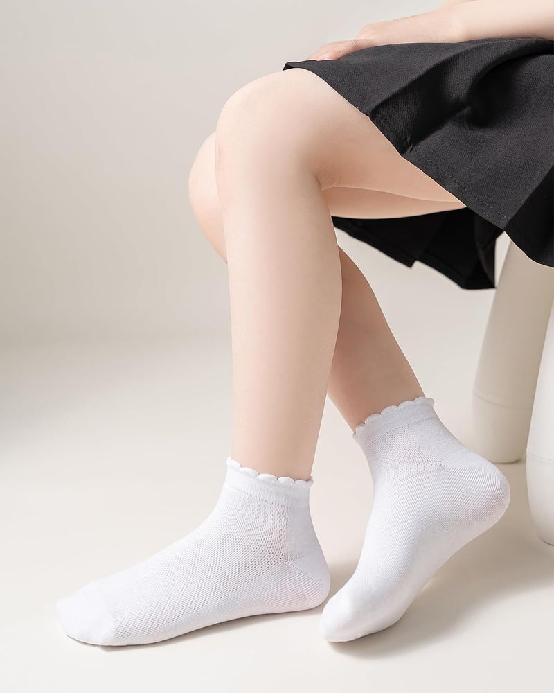 Funjoon Girls White Ruffle Socks School Uniform Kids Cotton Crew Ankle Cute Frilly Dress Socks 6 Pack - Image 3